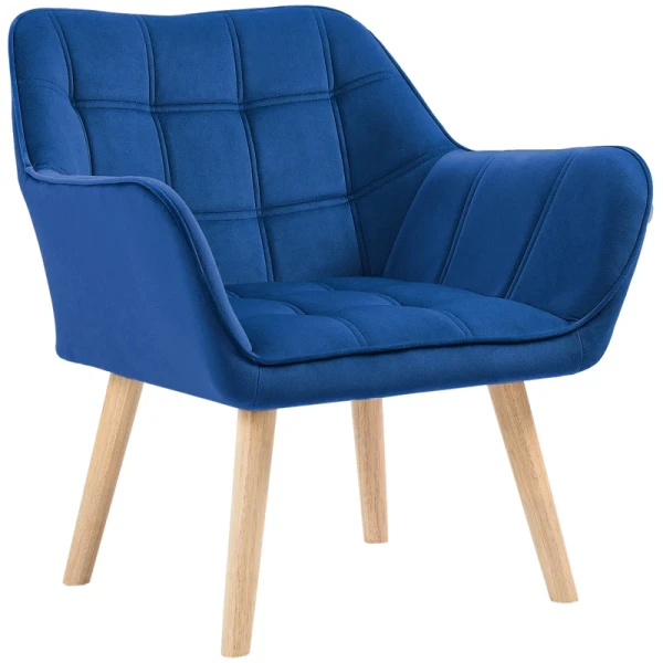 Gestoffeerde Fauteuil, Accentfauteuil, Scandi Design, Fluwelen Look, Tot 120 Kg, Rubberhouten Poten, Blauw 1