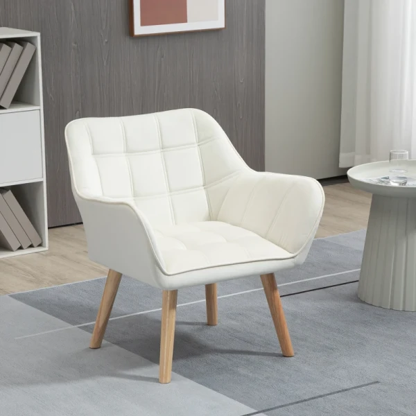 Gestoffeerde Fauteuil, Accentfauteuil, Scandi Design, Fluwelen Look, Tot 120 Kg, Rubberhouten Poten, Crème 2