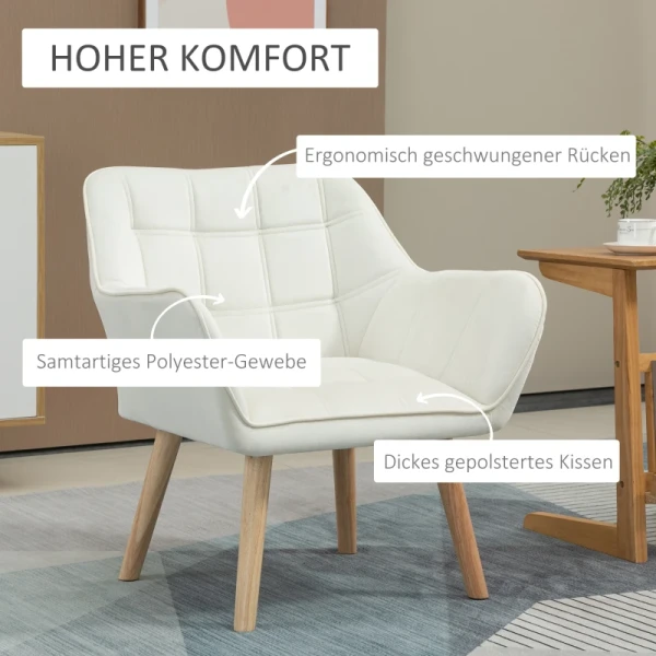 Gestoffeerde Fauteuil, Accentfauteuil, Scandi Design, Fluwelen Look, Tot 120 Kg, Rubberhouten Poten, Crème 4