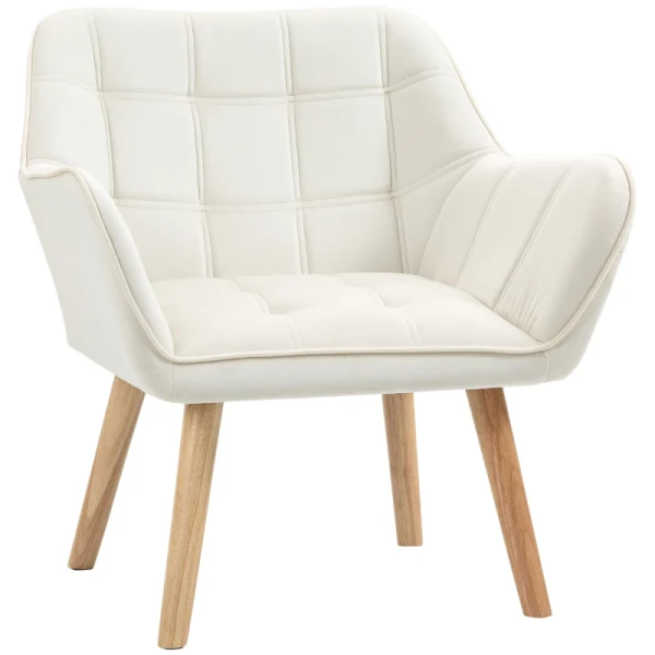 Gestoffeerde Fauteuil, Accentfauteuil, Scandi Design, Fluwelen Look, Tot 120 Kg, Rubberhouten Poten, Crème 10