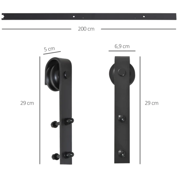 Glijrailset Voor Schuifdeur, Tot 90 Kg, Koolstofstaal, 200 Cm, Zwart, Inclusief Gereedschap 3