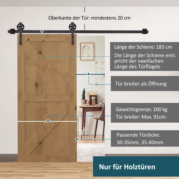 Glijrailset Voor Schuifdeuren, Inclusief Rails, Rollen, Vloerstoppers, 183 Cm, Draagvermogen Tot 100 Kg, Donkerbruin 6