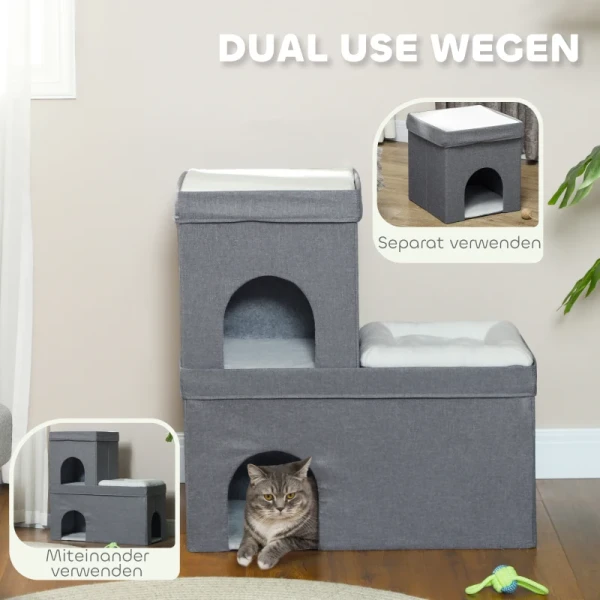 Kattenhuis Met 2 Kattengrotten, Eenvoudig In Elkaar Te Zetten, Pluche, 74 X 37,5 X 78,5 Cm, Grijs/crèmewit 4