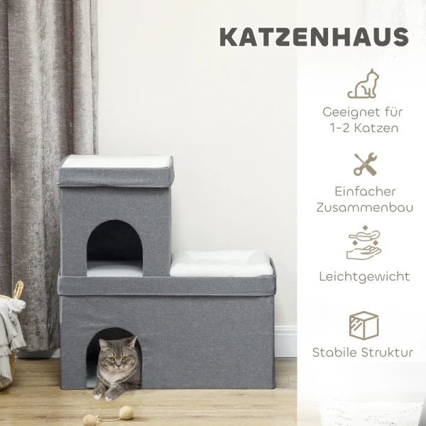 Kattenhuis Met 2 Kattengrotten, Eenvoudig In Elkaar Te Zetten, Pluche, 74 X 37,5 X 78,5 Cm, Grijs/crèmewit 7