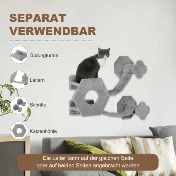 Kattenklimwand, Inclusief Kattenhuis, Ladders, Speelbal, Ruimtebesparend, Lichtgrijs 5