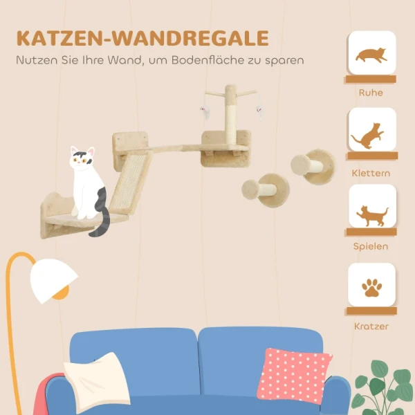 Kattenklimwandset Met Krabpalen, Springplatforms En Speelballen, Om Te Klimmen En Uit Te Rusten, Beige 4