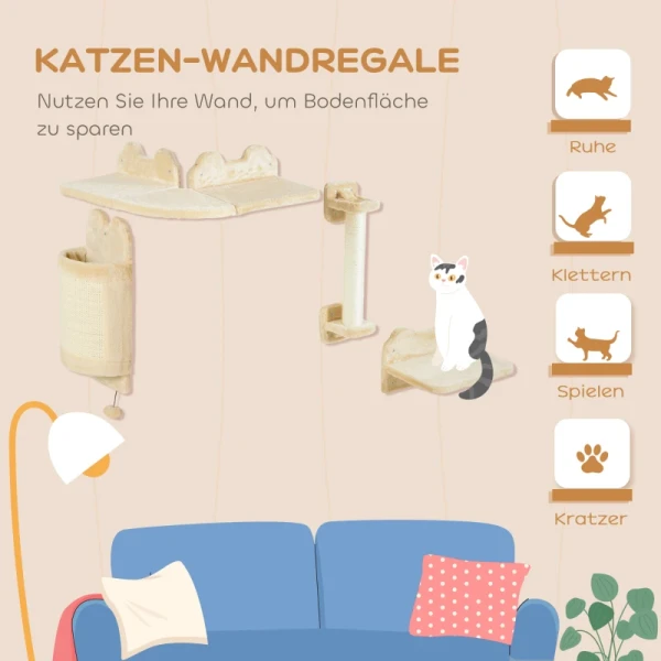 Kattentrapset, 4-delig, Klimmuur, Krabpaal, Pluche Hoes/Sisal, Beige 4