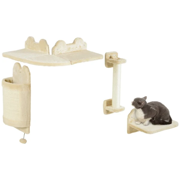 Kattentrapset, 4-delig, Klimmuur, Krabpaal, Pluche Hoes/Sisal, Beige 1