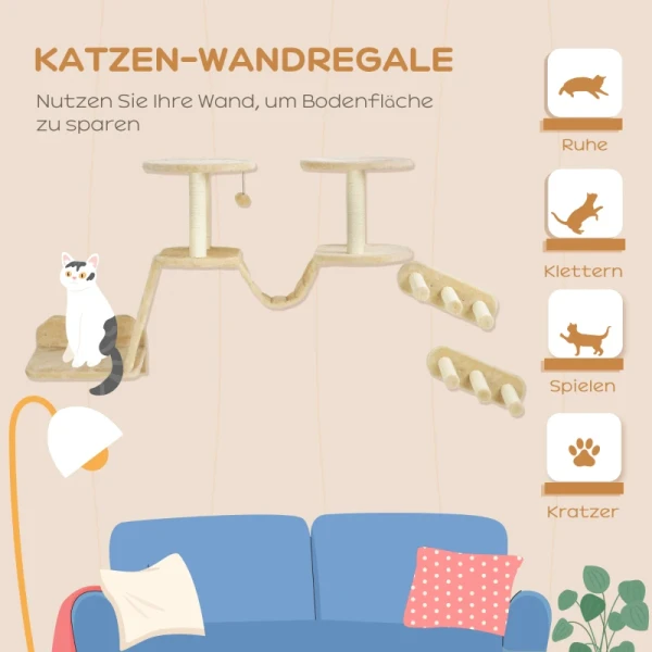 Kattentrapset, Wand- En Plafondmontage, Voor Katten Tot 5 Kg, Beige 4