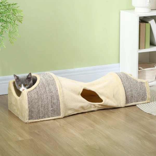 Kattentunnel Met 3 Openingen, Pluche, Sisal Krabtouw, 107x38x29 Cm, Beige/grijs 2