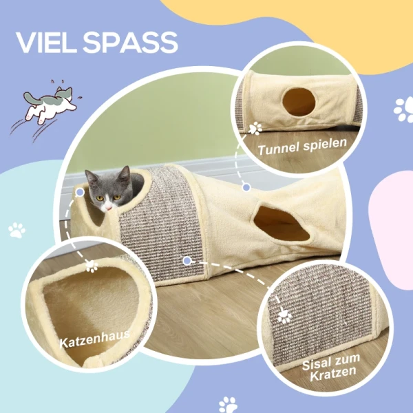 Kattentunnel Met 3 Openingen, Pluche, Sisal Krabtouw, 107x38x29 Cm, Beige/grijs 5