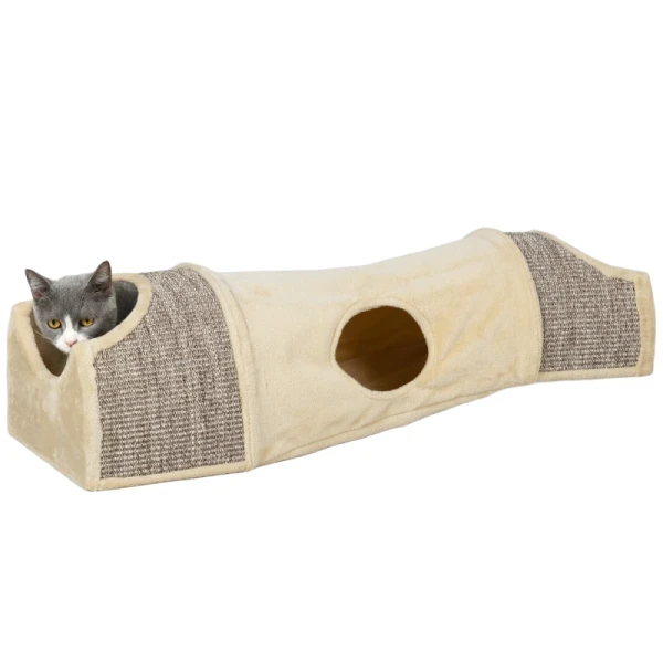 Kattentunnel Met 3 Openingen, Pluche, Sisal Krabtouw, 107x38x29 Cm, Beige/grijs 10