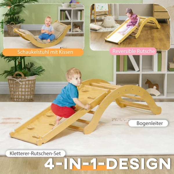 Kinderklimset 4 In 1 Ontwerp Met Boogbrug Schommelkussen Glijbaan Binnen Houten 4