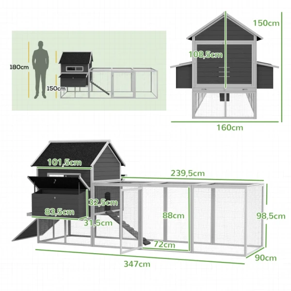 Kippenverblijf, Kippenhok Met 2 Nestkasten En Ren, Weerbestendig, Voor 8-10 Kippen, 347 X 160 X 150 Cm, Grijs 3