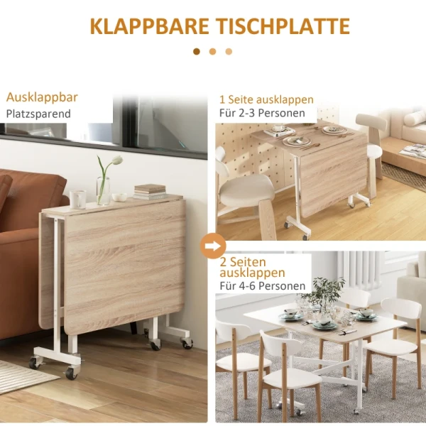 Klaptafel Op Wielen, Laptoptafel, Eettafel, Inclusief Parkeerrem, Naturel + Wit 5