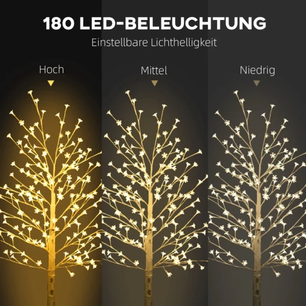 Kunstboom, Kunstberk, Met 180 LED's, 3 Helderheidsniveaus, Warm Wit, Realistische Schors, 21,5 X 21,5 X 180 Cm 4