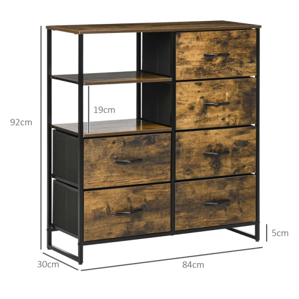 Ladekast Met Zes Laden, Open Planken, MDF En Staal, 84x30x92 Cm, Bruin/zwart, Verstelbare Poten 3