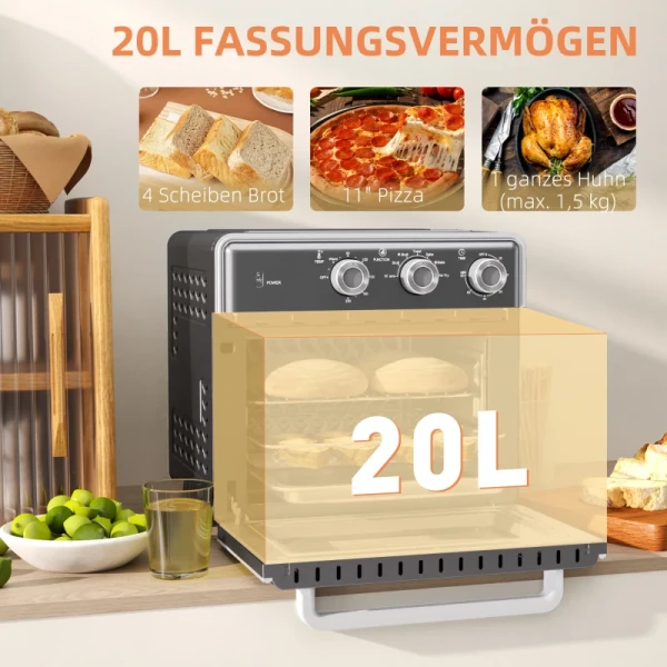 Mini-oven, 20L, 5 Functies, 360 Hete Lucht, Grillrooster, Kruimellade, Grijs 4