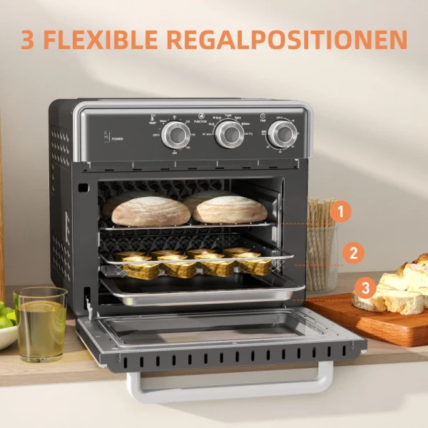 Mini-oven, 20L, 5 Functies, 360 Hete Lucht, Grillrooster, Kruimellade, Grijs 5