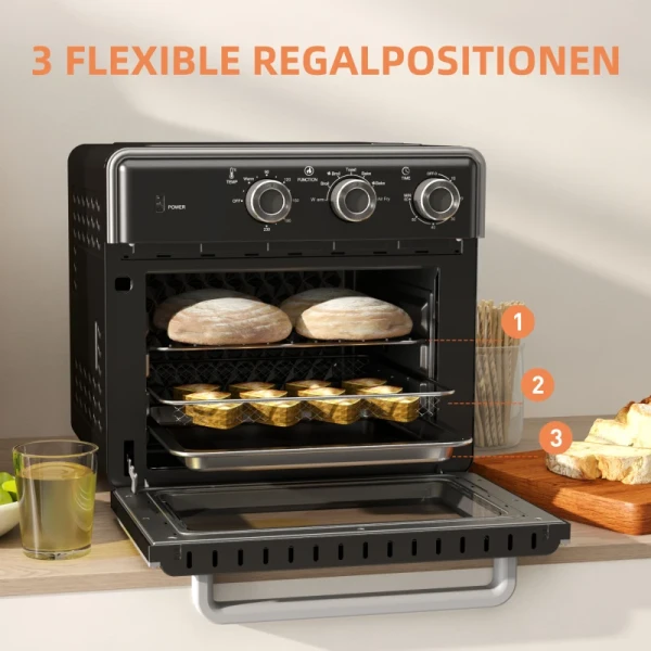 Mini-oven, 20L, 5 Functies, 360 Hete Lucht, Grillrooster, Kruimellade, Zwart 5