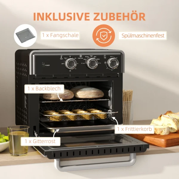 Mini-oven, 20L, 5 Functies, 360 Hete Lucht, Grillrooster, Kruimellade, Zwart 6