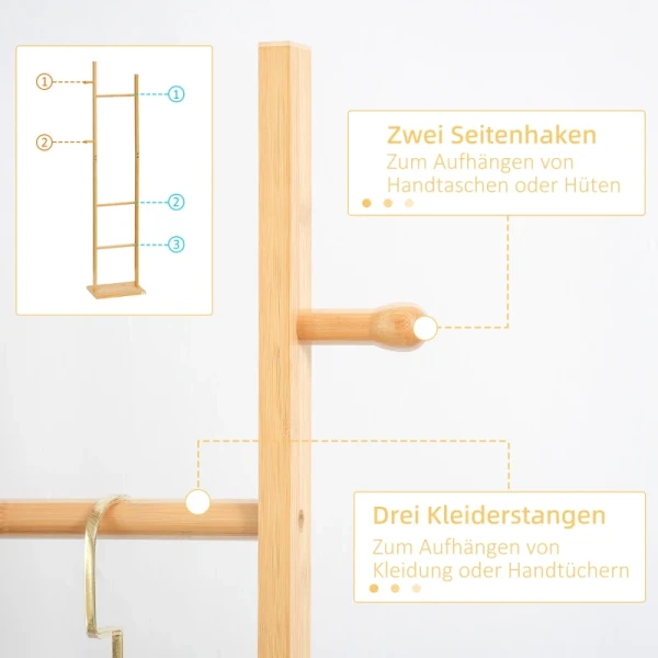 Moderne Kapstok, 2 Haken & 3 Stangen, Robuust Bamboe, 36x24x168 Cm, Naturel 4