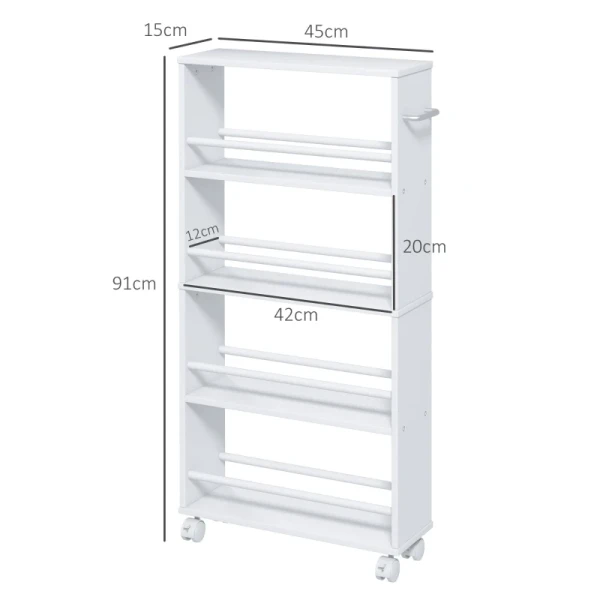 Multifunctionele Plank Op Wielen, Smal Ontwerp, 4 Vakken, 45x15x91 Cm, Wit 3