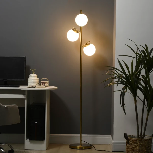 Retro Design Vloerlamp, Vloerlamp, Vloerlamp Met 3 Lampenkappen, Glas, Goud 2