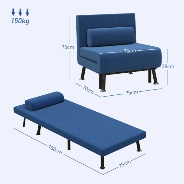 Slaapbank, Fauteuil En Logeerbed, Verstelbare Rugleuning, Afneembare Hoes, Marineblauw 3