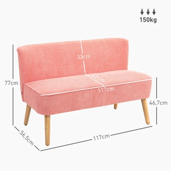 Tweezitsbank, Elegant Scandinavisch Design, Massief Houten Frame, Tot 150 Kg, 117 X 56,5 X 77 Cm, Roze 3