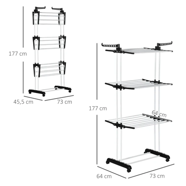 Wasrek, 4 Niveaus, Opvouwbaar, 4 Wielen Met 2 Remmen, Metalen Frame, Zwart, 73 X 64 X 177cm 3