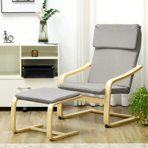 2 Delige Set Loungestoelen Met Kruk En Armleuning, Hoofdsteun, Linnen Bekleding, Voetkussen Van Polyester, Eucalyptus, Lichtgrijs 66,5 X 80 X 99 Cm 2