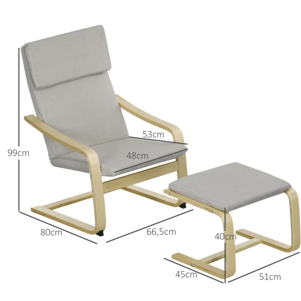 2 Delige Set Loungestoelen Met Kruk En Armleuning, Hoofdsteun, Linnen Bekleding, Voetkussen Van Polyester, Eucalyptus, Lichtgrijs 66,5 X 80 X 99 Cm 4