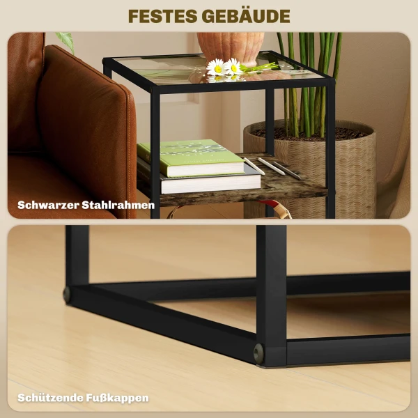 2 Delige Set Salontafel, Bijzettafel Met Glazen Blad, Woonkamertafel Met 3 Niveaus, Sofatafel Voor Woonkamer, Slaapkamer, Gang, 37 X 40 X 55,5 Cm, Rustiek Bruin 8