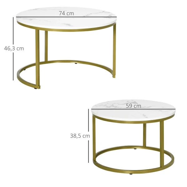 2 Delige Set Salontafel, Ronde Bijzettafel, Koffietafel Met Gouden Stalen Frame, Stapelbare Sofatafel Met Marmerlook, Voor Woonkamer, Tot 30 Kg Belastbaar, Wit 4