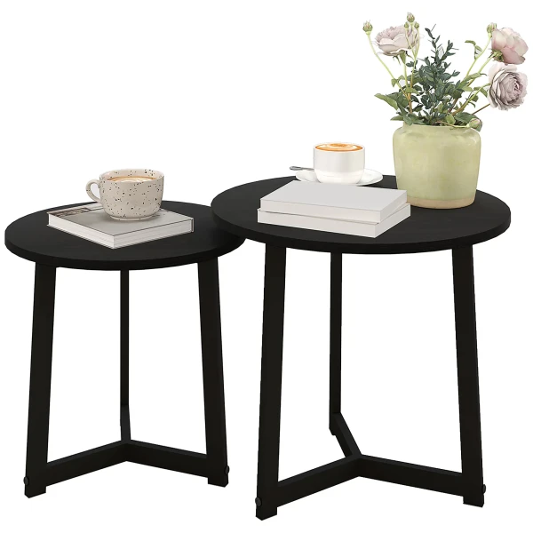 2 Delige Set Salontafel, Ronde Bijzettafel, Koffietafel Met Stalen Frame, Sofatafel In Modern Design, Voor Woonkamer, Tot 35 Kg Belastbaar, Zwart 1