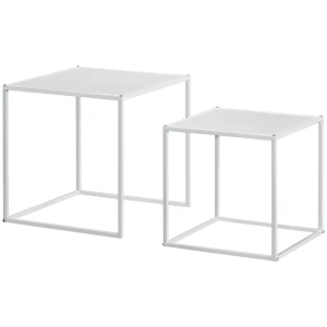 2 Delige Set Salontafel, Vierkante Bijzettafel, Koffietafel Met Stalen Frame, Moderne Design Banktafel, Voor Woonkamer, Tot 10 Kg Belastbaar, Wit 1