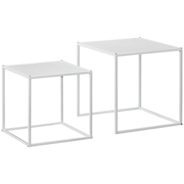 2 Delige Set Salontafel, Vierkante Bijzettafel, Koffietafel Met Stalen Frame, Moderne Design Banktafel, Voor Woonkamer, Tot 10 Kg Belastbaar, Wit 10