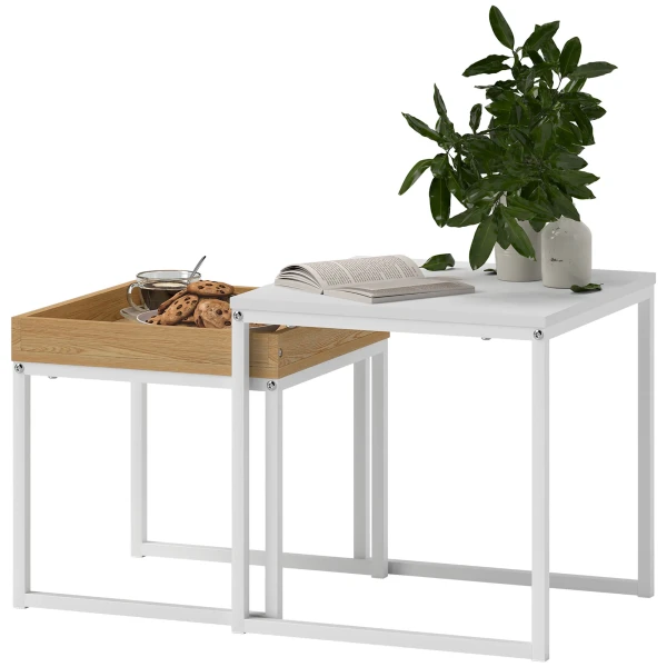 2 Delige Set Salontafel, Vierkante Bijzettafel, Koffietafel Met Stalen Frame, Sofatafel In Modern Design, Voor Woonkamer, Tot 30 Kg Belastbaar, Wit+eik 1