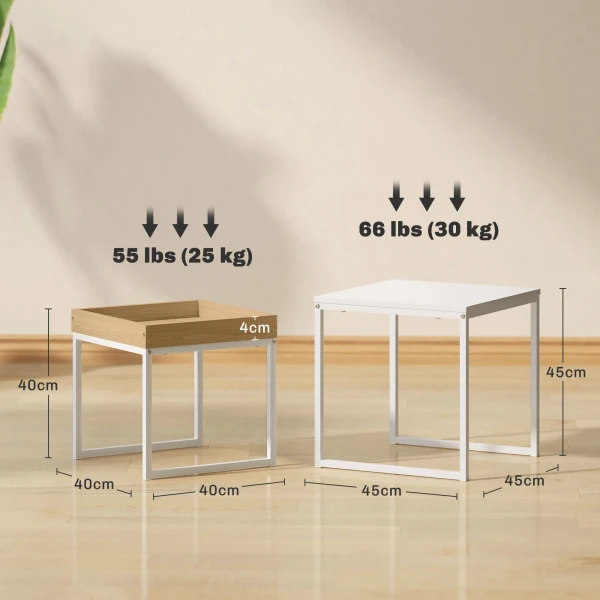 2 Delige Set Salontafel, Vierkante Bijzettafel, Koffietafel Met Stalen Frame, Sofatafel In Modern Design, Voor Woonkamer, Tot 30 Kg Belastbaar, Wit+eik 4