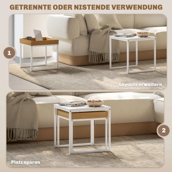 2 Delige Set Salontafel, Vierkante Bijzettafel, Koffietafel Met Stalen Frame, Sofatafel In Modern Design, Voor Woonkamer, Tot 30 Kg Belastbaar, Wit+eik 5