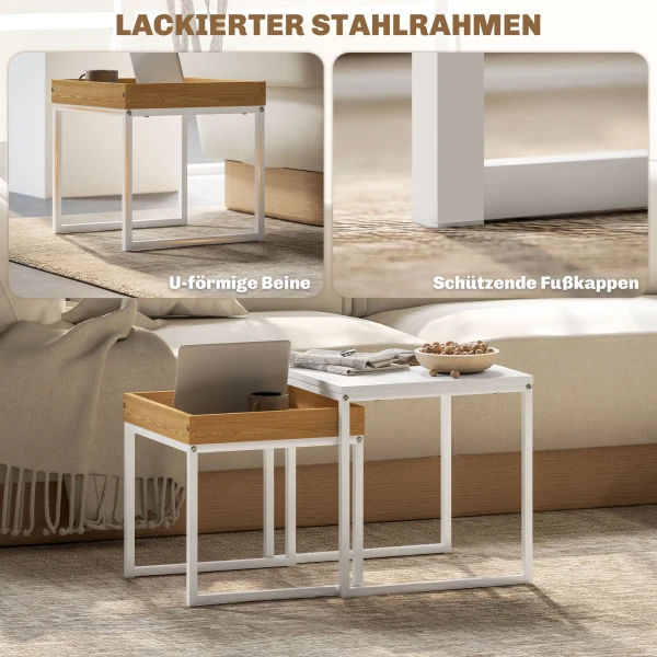 2 Delige Set Salontafel, Vierkante Bijzettafel, Koffietafel Met Stalen Frame, Sofatafel In Modern Design, Voor Woonkamer, Tot 30 Kg Belastbaar, Wit+eik 6