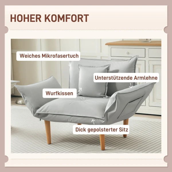 2 In 1 Fauteuil, Loungestoel Met Kussen, Vloerstoel Met Verstelbare Rugleuning, Gestoffeerde Fauteuil, Enkele Stoel Voor Woonkamer, Microvezeldoek, Lichtgrijs 5