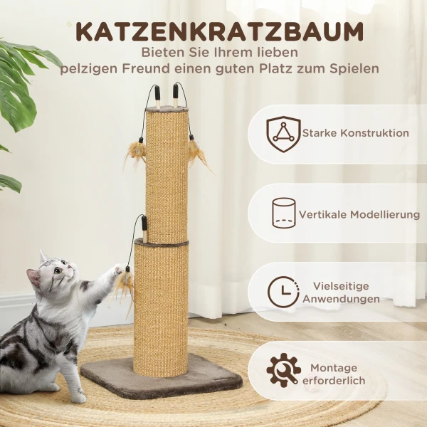 2 In 1 Krabpaal, 78cm Krabkolom, Jute Kattenkrabboom Met Veer, Krabboom Voor Katten, Katten Krabmeubilair, Binnen, Bruin 6