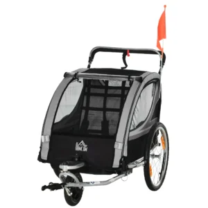 2 In 1 Opvouwbare Kinderwagen Met Afneembaar Voorwiel, Achterwielremmen, Kinderfietsaanhanger Voor 2 Kinderen Vanaf 18 Maanden, Tot 26,4 Kg Belastbaar, Grijs 1