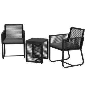 3 Delige Rattan Tuinmeubelset Elegante Zitgroep Met 2 Tuinstoelen & Bijzettafel Van Gehard Glas Met Kussens Voor Balkon Zwart 1