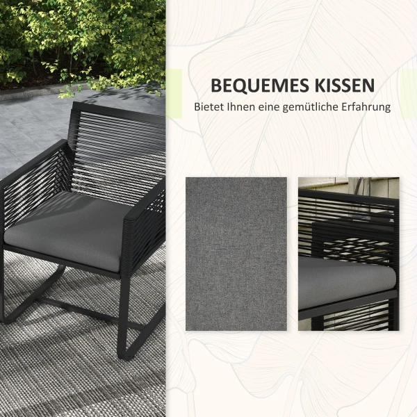 3 Delige Rattan Tuinmeubelset Elegante Zitgroep Met 2 Tuinstoelen & Bijzettafel Van Gehard Glas Met Kussens Voor Balkon Zwart 6