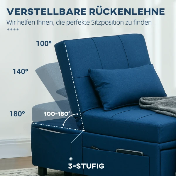 3 In 1 Slaapstoel Met Bedfunctie, Uitschuifbare Slaapbank, Slaapstoel Met Zijtas, Verstelbare Rugleuning, Tot 150 Kg Belastbaar, Voor Woonkamer, Slaapkamer, Blauw 6