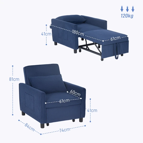 3 In 1 Slaapstoel, Opklapbaar Bed Met Bedfunctie, Lendenkussen, Opklapbare Ligstoel Met Verstelbare Rugleuning, Wielen, Zijtas, Voor Woonkamer, Koord, Blauw 4