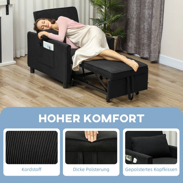 3 In 1 Slaapstoel, Opklapbaar Bed Met Bedfunctie, Lendenkussen, Opklapbare Ligstoel Met Verstelbare Rugleuning, Wielen, Zijtas, Voor Woonkamer, Koord, Zwart 7